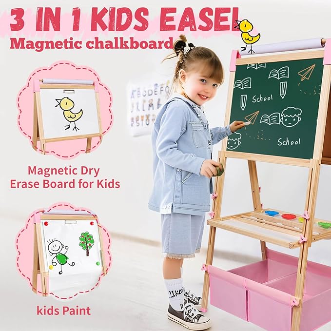 Easel for Kids,Adjustable Wooden Art Easel for Kids,119+ Art Supplies,Double Sided Magnetic Chalkboard and White Board Whit Storage Basket,Drawing and Painting for Aged 2-4,5-7,8-12,2 Paper Rolls