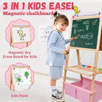 Easel for Kids,Adjustable Wooden Art Easel for Kids,119+ Art Supplies,Double Sided Magnetic Chalkboard and White Board Whit Storage Basket,Drawing and Painting for Aged 2-4,5-7,8-12,2 Paper Rolls