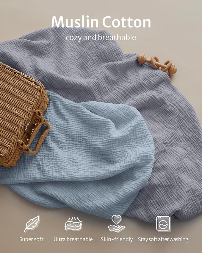 Blissful Diary Muslin Changing Pad Cover for Girls Boys, Ultra Soft Breathable Cotton, Baby Diaper Change Table Pad Covers, 2Pack (Light Blue&Grey)