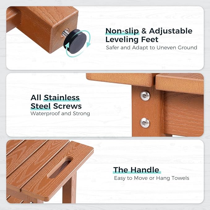 35" Shower Bench, Waterproof Poly Lumber Shower Stool for Shaving Legs, Shower Chair Seat Holds up to 400lbs, Bathroom Bench for Inside Shower, Non-Slip (Brown)