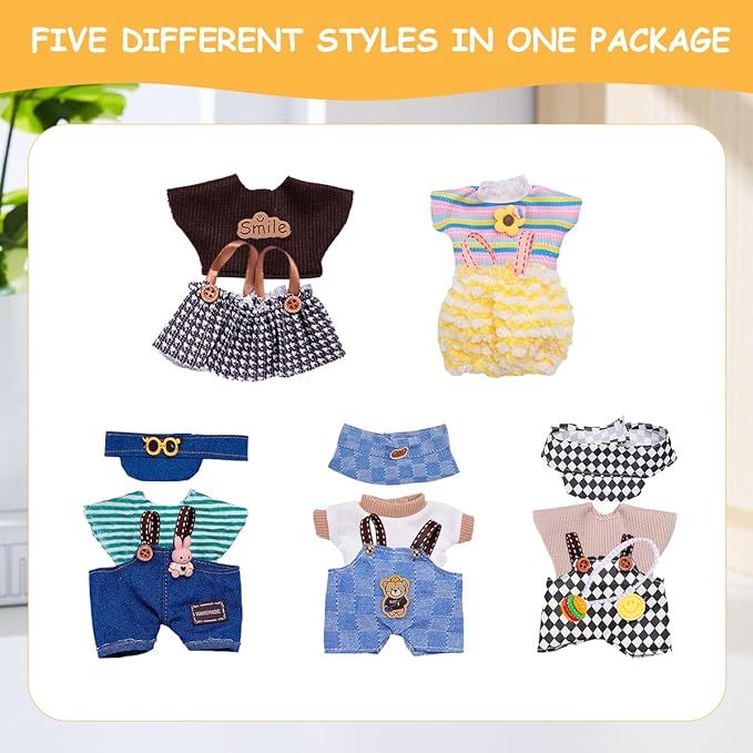 17cm Doll Clothes 5 Sets, Hat & Overalls Dress Up Outfit Compatible for Labubu 17cm 15cm Accessories, No Doll Included