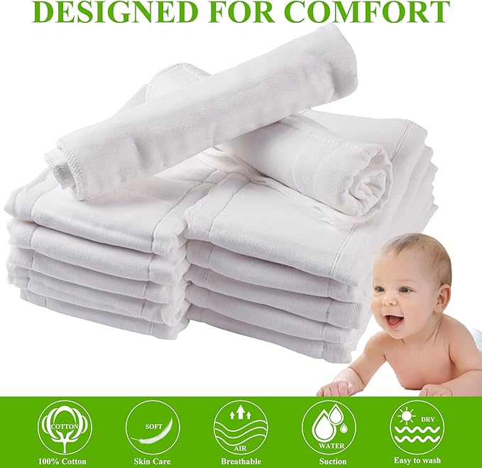 Cotton Prefold Cloth Diapers -Fasoar 6 Ply Baby Washable Cloth Diaper Covers for Babies to Toddlers Multi-Use (19.5''-14'', Count, 10)