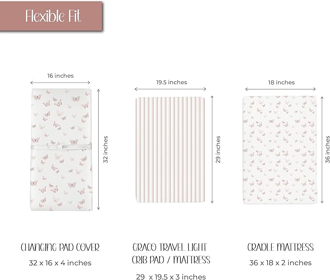 Ely’s & Co. Changing Pad Cover, Diaper Changing Table Sheets, 2 Pack, Cradle Sheet Set for Baby Girls, 100% Jersey Knit Cotton, 32”x16”x5” Pink Butterfly + Stripe Collection