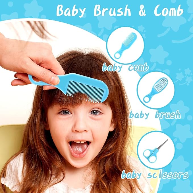 Baby Grooming and Healthcare Kit, Portable Baby Safety Care Set with Hair Brush Comb Nail Clipper Nasal Aspirator for Nursery Newborn Infant Girl Boy (25 in 1, Blue)