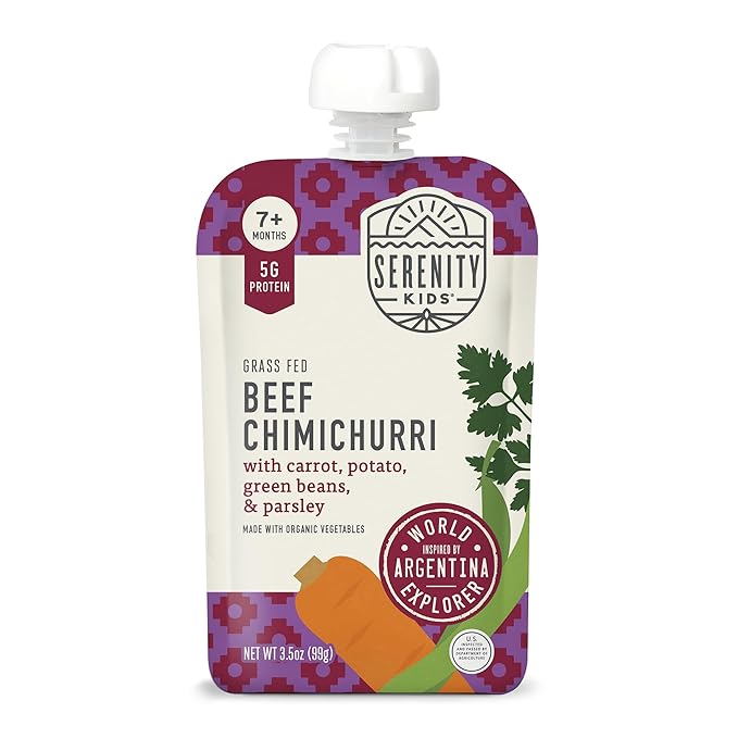 Serenity Kids 7+ Months Baby Food Pouches - Beef Chimichurri 3.5 oz Pack of 12-5g Protein Nutrient-Packed Meat Snacks - BPA-Free Organic Veggie Pouches - On-the-Go Toddler Snacks & Baby Essentials