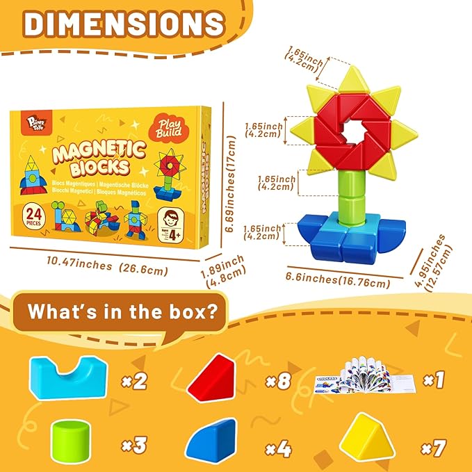 Magnetic Blocks for Kids 4-8, 24PCS Large Magnet Stacking Blocks with Multiple 3D Shapes, Montessori & Sensory Learning Toys, Magnetic Building Toys for Boys & Girls Ages 4+