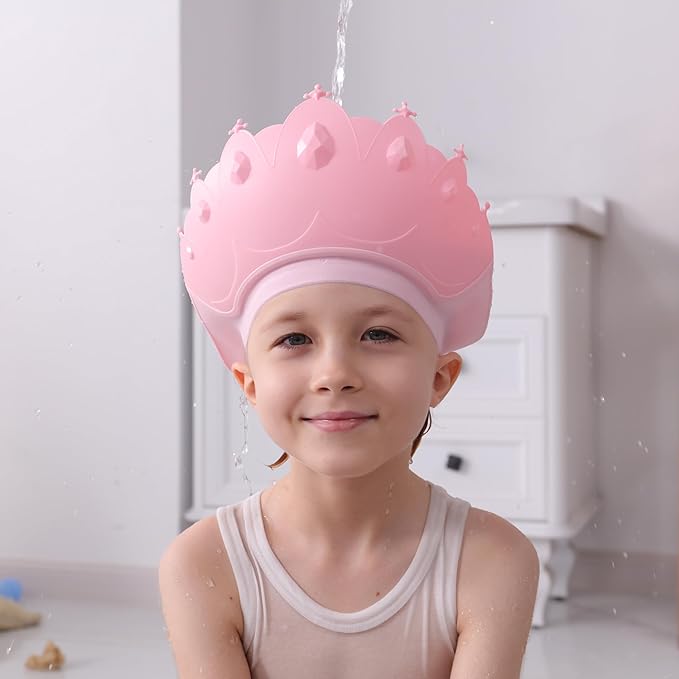 Baby Shower Cap Shield, Baby bath set shower cap, Visor Hat for Eye and Ear Protection for 0-9 Years Old Children,Cute Crown Shape Makes the Baby Bath More Fun (Pink)