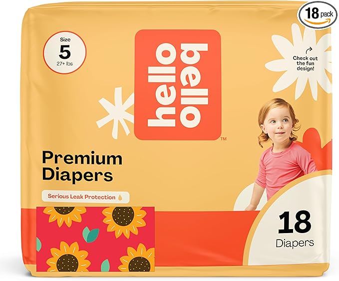 Hello Bello Diapers, Size 5 (27 lbs) Flower Child, 18 Count of Premium Disposable Baby Diapers, Hypoallergenic with Soft, Cloth-Like Feel