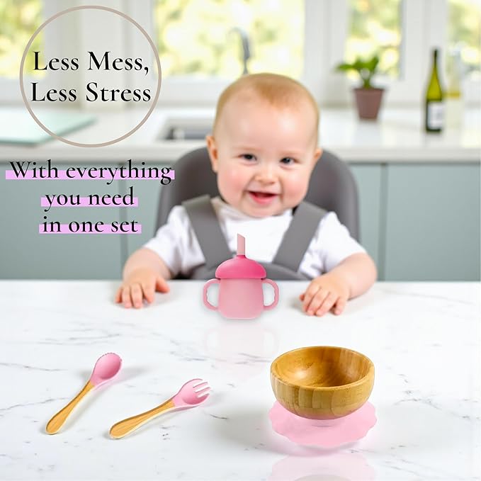 Bamboo Suction Plate and Bowl Set for Babies 7 Feeding Essentials Baby Led Weaning Supplies BPA Free Eco-Friendly (Pink)