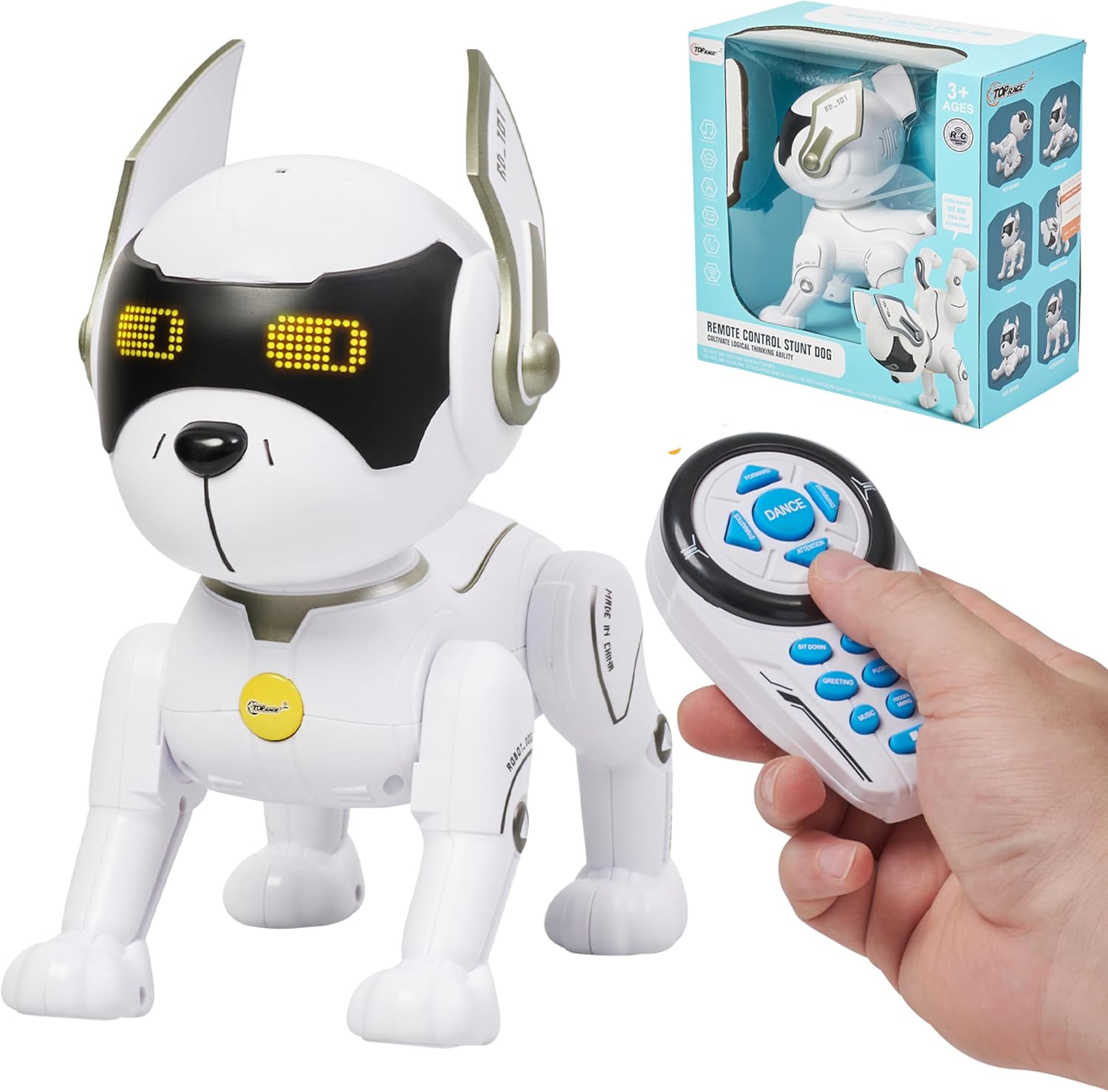 Top Race Robot Dog - Interactive Rechargeable RC Dog Toy for Kids with Gesture Sensing, Adventure Mode, Programming Tricks, STEM Learning - Robotic Pet for Ages 8-12 - White