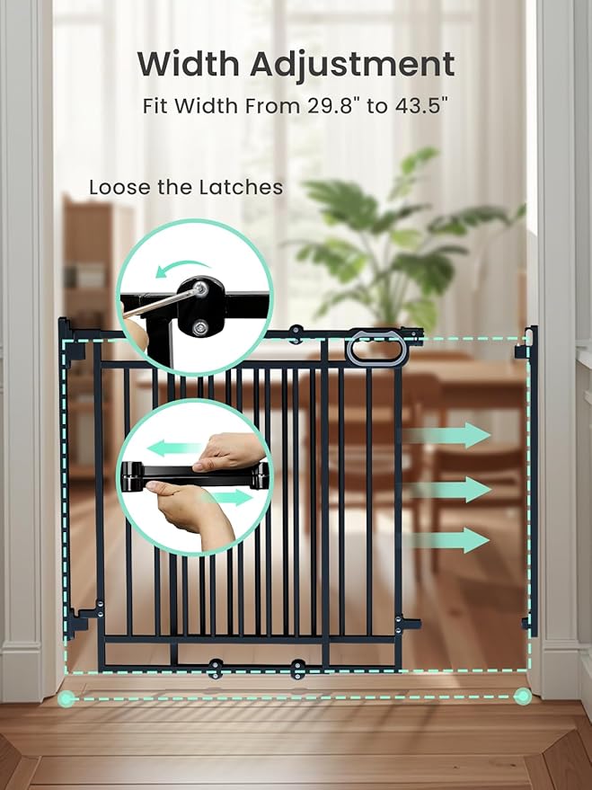 Grownsy No Bottom Bar Baby Gate for Stairs, Adjustable Width 29.8” to 43.5” for Child and Pet, Dog Gate with Auto-Close & Walk Through, Hardware-Mounted Install for Doorways and Indoor Use,Black