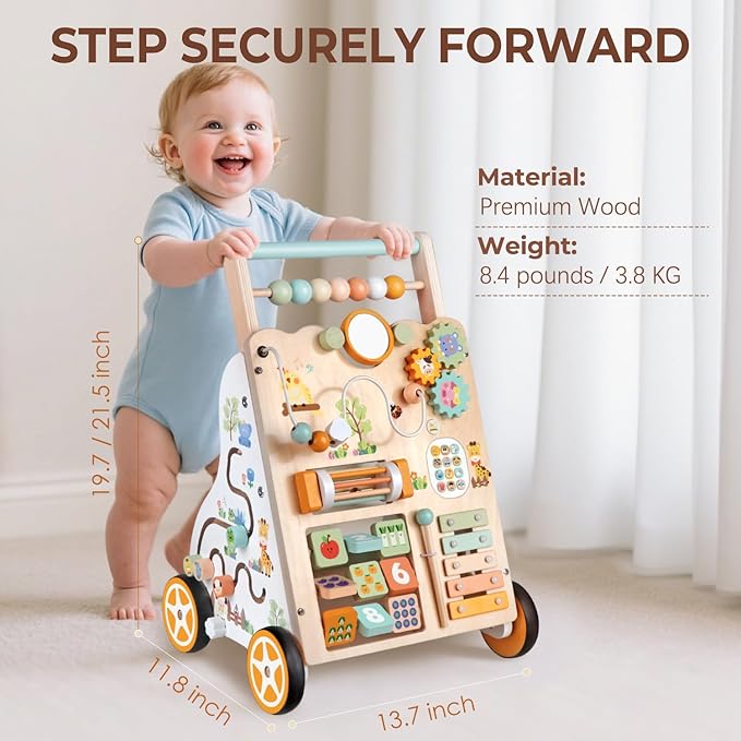 Baby Push Walker, Wooden Baby Walker with Wheels, Montessori Activity Center for 1 Year Old Boys Girls, Adjustable Speed & Height Push Toy for Toddlers, Educational Gift for Ages 1+ Kids Development