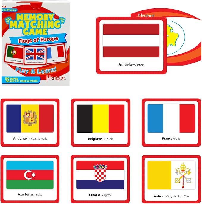Menique Flags of Europe Memory Matching Game – 100 Cards (50 Pairs) with Flag, Country & Capital – Educational Geography Game for Kids and Adults