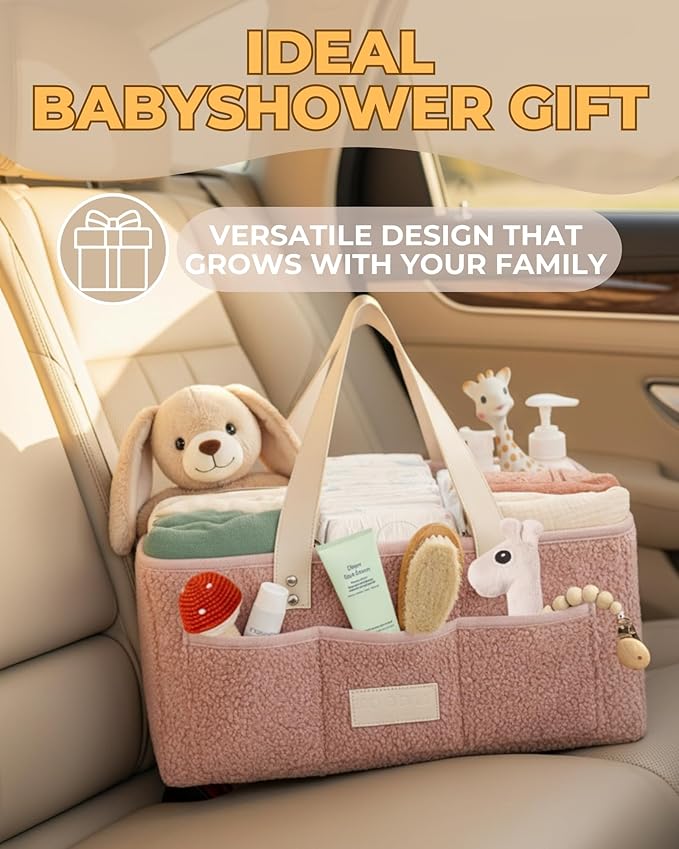 Baby Diaper Caddy Organizer with Portable Changing Mat - Teddy Fleece Diaper Organizer for Changing Table - Basket for Changing Essentials - Baby Essentials Organizer with Removable Dividers
