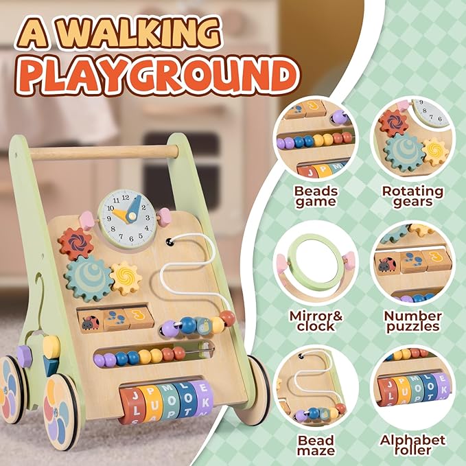 Wooden Baby Walker for 6-12 Months, Montessori Walker Push Toy for Toddlers Learning to Walk, Push Walker Baby Activity Center for Boys and Girls