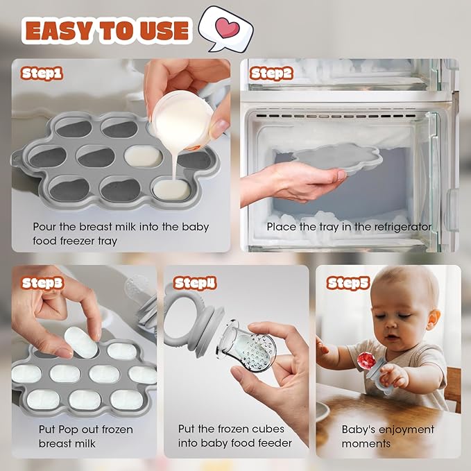 Baby Fruit Food Feeder & Breastmilk Popsicle Molds for Teething Relief, Baby Feeding Sets, 1 Freezer Tray with Lid & 1 Teether Toy & 1 Silicone Teething Pacifier Feeder, Extra Food Pouches (Grey)