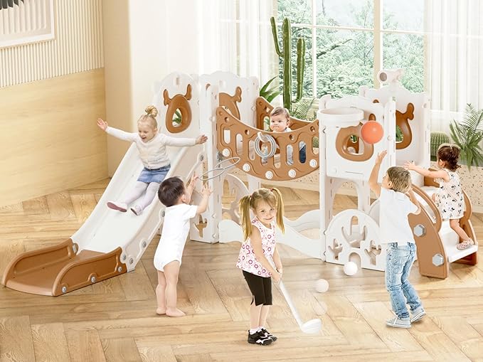 YUFU Toddler Slide Set, 11 in 1 Kids Slide for Toddlers 1-3, Toddler Playset with Climbing Bridge, Golf Set, Basketball Hoop, Indoor Outdoor Playground (Brown)