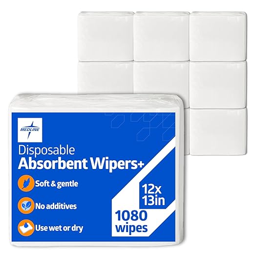 Medline Absorbent Wipers+ Disposable Heavy Duty Dry Wipes, 12" x 13" (90 Count, 12 Pack)