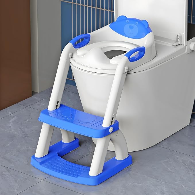 SKYROKU Potty Training Toilet, New Sector-Shape Stabilized Base two in one Toddler Toilet Seat with Splash Guard, Anti Slip Pad, and Step Stool Dark Blue