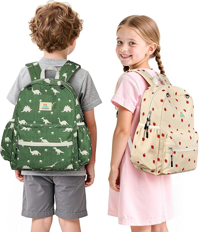STEAMEDBUN Corduroy Kids Backpack for Girls and Boys 5-8: Boys Backpack for Elementary Kindergarten - 15 inch Cute Backpacks for Kids - Dinosaur