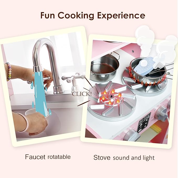 Wooden Play Kitchen for Toddlers and Kids with Lights & Sounds, Large Interactive Pretend Play Set with Ice Maker, Stove, Sink, Oven, 12 Accessories - Ages 3-8