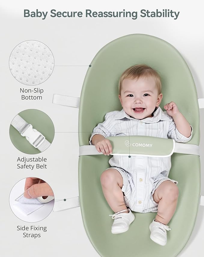 COMOMY Baby Changing Pad with Wipeable & Waterproof PU Cover, Contoured Diaper Changing Pad for Dresser with Non-Slip Safety Belt, Portable and Lightweight, Large Cushioned Foam, Green