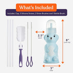 Special Supplies Honey Bear Straw Cup Long Straws, Squeezable Therapy and Special Needs Assistive Drink Container, Spill Proof and Leak Resistant Lid (Pack of 1 Bottle and 3 Straws) (Blue)