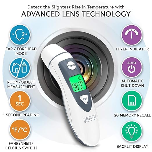 iProven Thermometer for Adults Forehead and Ear - Fever Alarm, 1 Second Reading, Color Temperature Indicator, 20 Readings Memory Recall, Medical Thermometer for Adults (White/Grey)