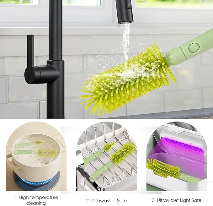 Portable Baby Bottle Brush Set - 7 in 1 Baby Bottle Cleaner Kit, Baby Travel Essential Bottle Washing Kit with Silicone Bottle Brush, Nipple Brush, Straw Brush, Drying Rack for Home and Travel (Green)