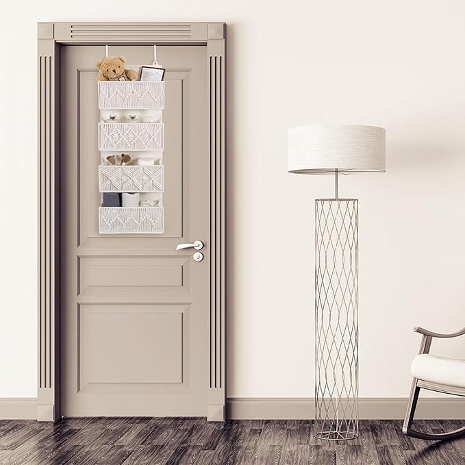 ANTIS'S HOME Nursery Over The Door Organizer Boho Decor Nursery Storage with 4 Large Woven Pockets, Macrame Nursery Organizers and Toys Storage, Behind Door for Bathroom, Bedroom