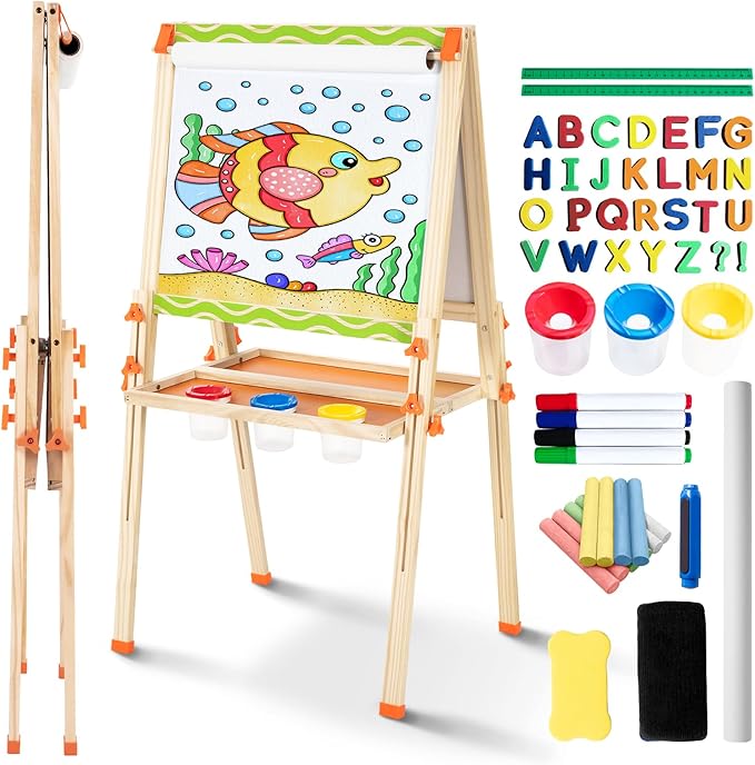 Kids Easel 3-1 Adjustable Art Easel Wooden Drawing Board Double-Sided with Magnetic Whiteboard & Chalkboard for Ages 3-8, Foldable Design Includes Paper Roll