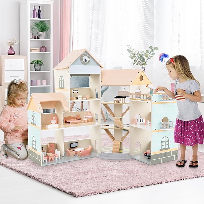 Costzon Wooden Dollhouse for Kids, 3-Story Luxury Doll House with 41 Pieces Furniture Accessories, 8 Rooms, Stairs & Balcony, DIY Pretend Dollhouse Playset, Gift for Girls Toddlers Ages 3+ (Pink)