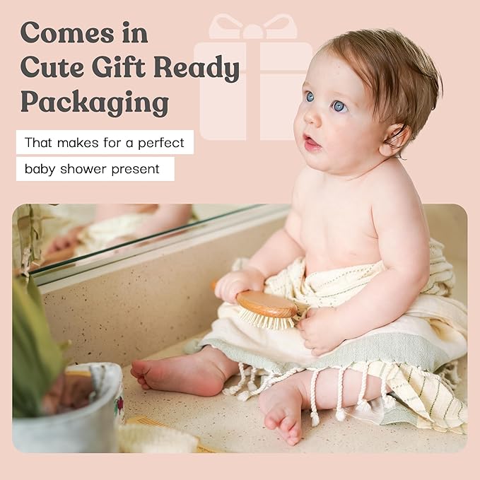 4 Piece Wooden Baby Hair Brush and Comb Set for Newborns & Toddlers in Chic Gift Box - Ultra Soft Natural Goat Hair and Wood Baby Brush Set Prevents Cradle Cap - Perfect Registry Gift (Pink)