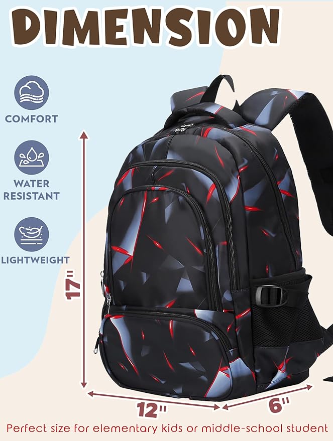 BLUEFAIRY Kids Backpack for Boys Elementary Primary School Bags for Childs Black Bagpack Book Bag Back to School Gifts for Son Mochilas Escolares para Niños 17" Large Compartment Black/Red