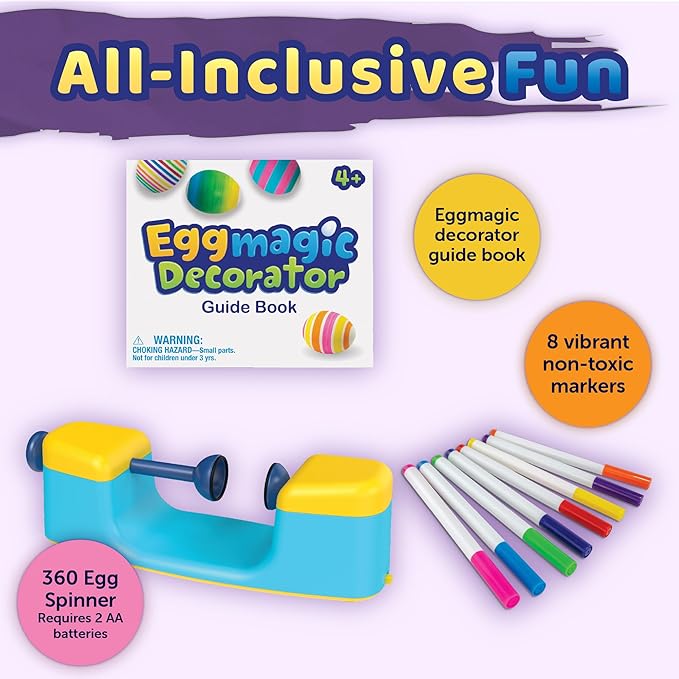 MindWare Eggmagic Decorator Dynamic Easter Egg Coloring Kit with Automatic 360 Egg Spinner and Vibrant Non-Toxic Marker Set (8 ct) for Creative Family Fun Decorating Activity