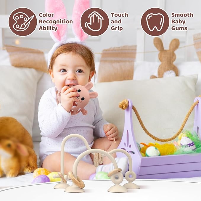Baby High Chair Suction Toys Teething Chew - Baby Teething Toys Silicone Teethers, Table Toys, Food Grade Silicon for 6 12 18 Months (Beige Pink)
