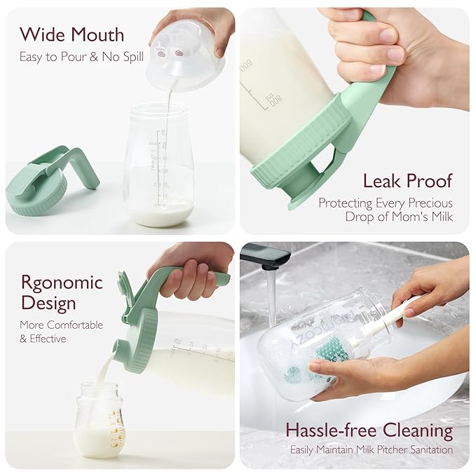 Momcozy Breast Milk Pitcher, Resistant to Heat and Cold Abrupt Temp Swings, No Leak Glass Breast Milk Fridge Storage Container with Wide Mouth, Fast Baby Formula Maker, Green