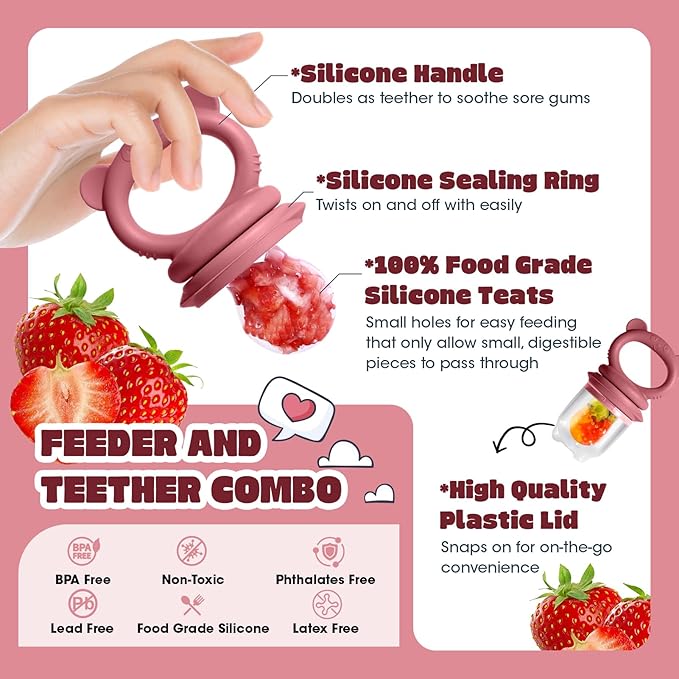 Baby Fruit Food Feeder & Breastmilk Popsicle Molds for Teething Relief, Baby Feeding Sets, 1 Freezer Tray with Lid & 1 Teether Toy & 1 Silicone Teething Pacifier Feeder, Extra Food Pouches (Red)