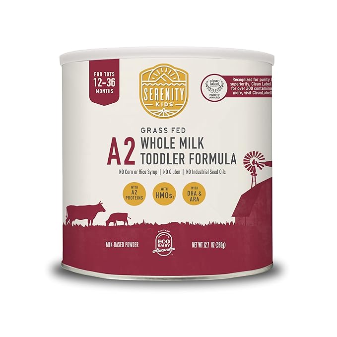 Serenity Kids 12+ Months A2 Whole Milk Toddler Formula Powder - Organic Grass-Fed Toddler Formula with HMO Prebiotics, DHA & ARA - Clean Label Project Purity Award Certified - 12.7 Oz, 1 Pack