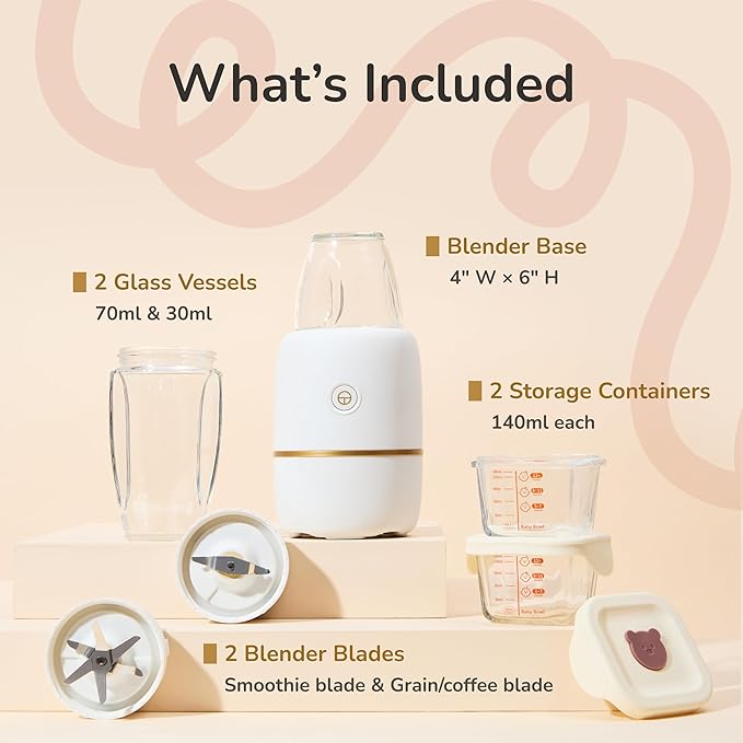 Bubble Blender, Baby Food Maker & Puree Blender with 2 Borosilicate Glass Cups, Compact Baby Bullet for Smoothies, Hands-Free One-Touch, 200W Motor, Cream
