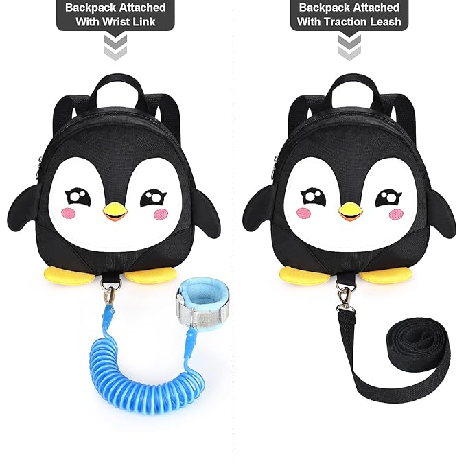 Accmor Toddler Harness Backpack Leash, Cute Penguin Kid Backpacks with Anti Lost Wrist Link, Mini Child Backpack Harness Leashes Walking Wristband Rope Travel Bag Harness Rein for Baby Girls (Black)