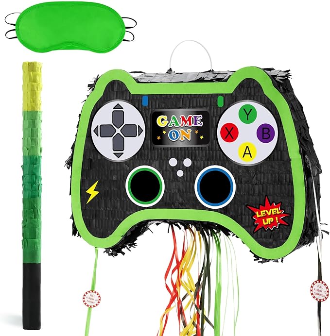 WERNNSAI Foldable Video Game Piñata - Pull String Gaming Birthday Party Supplies Extendable Piñata with Blindfold Bat and Tassels Game On Birthday Party Decoration Folding Piñatas for Classroom Game