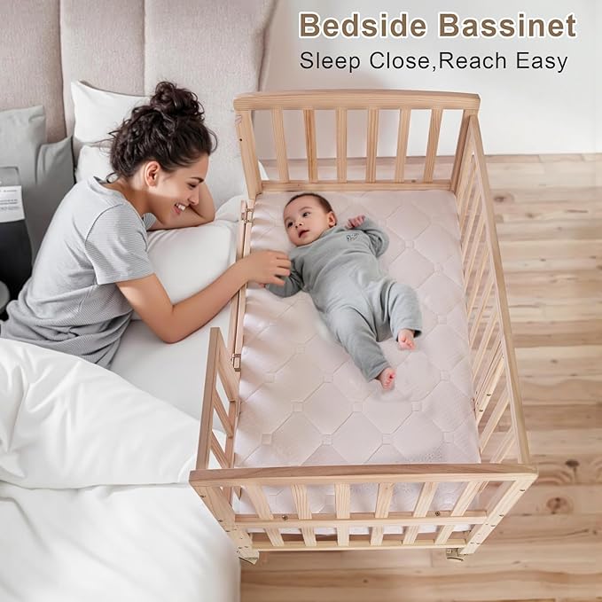 Baby Bassinets Bedside Sleeper - Portable Pine Wood Bedside Bassinet with Mattress,3 Heights Small Mini Crib,Baby Crib for Newborns,Unpainted