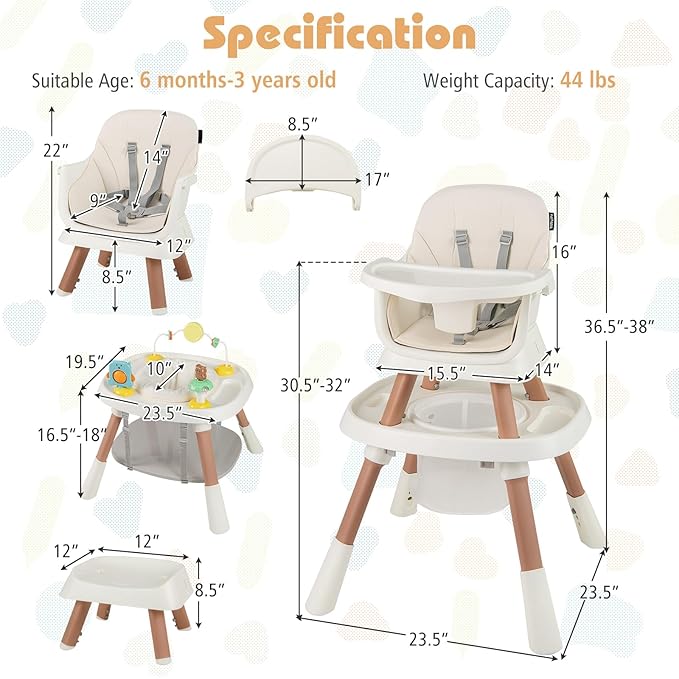 HONEY JOY 16-in-1 Baby High Chair, Convertible Highchair for Babies and Toddlers/Booster Seat/Activity Center with Toys, Building Block Table & Stool, Safety Harness, Removable Cushion & Tray (White)
