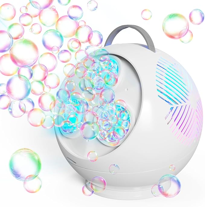 Bubble Machine Automatic Bubble Blower for Kids Toddlers Rechargeable Portable Spherical LED Bubble Maker Electric Auto Rotating 45°/360° Outdoor Toy Birthday Party Wedding (Spherical White)