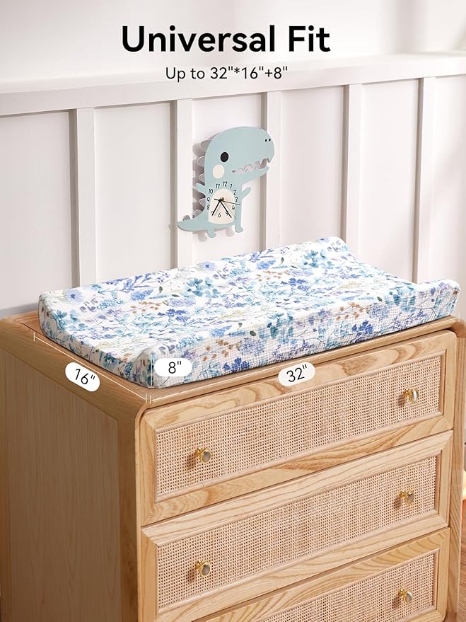 TILLYOU Muslin Changing Pad Cover for Baby Girls Boys, Soft and Breathable Cotton Diaper Changing Table Cover, 2 Pack(Blue Flower)