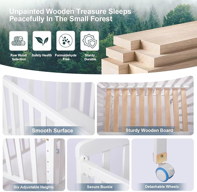 Baby Bassinets Bedside Sleeper - Portable Pine Wood Bedside Bassinet,6 Heights Small Mini Crib with Mattress,Space-Saving Design Baby Crib for Newborns,White