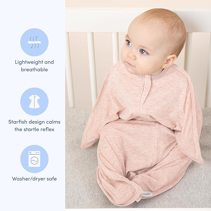 SleepingBaby Zipadee-Zip Transition Swaddle - Cozy Baby Swaddling Blanket with Zipper Convenience - Roomy Wearable Blanket for Easy Diaper Changes - 12-24 Month - Ballet Pink Heather