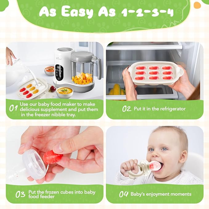 Bear Baby Fruit Food Feeder & Mini Freezer Nibble Tray Combo, 2 Pack Breastmilk Popsicle Molds for Baby Teething Relief, BPA Free Silicone Feeder for Safe Infant Self Feeding, Dishwasher Safe