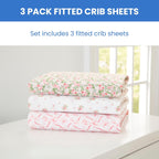 Delta Children Fitted Crib Sheets for Girls and Boys - Crib Sheet for Standard Crib and Toddler Mattresses - 28x52 Inch (Pack of 3), Pink Floral